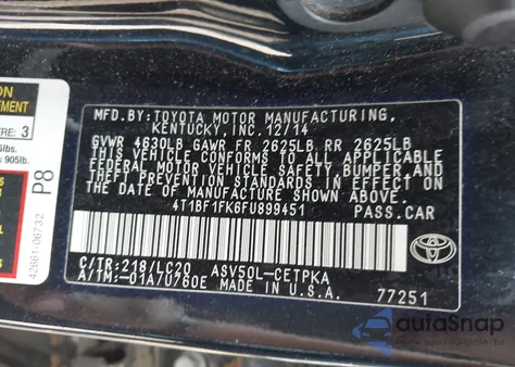 2015 Toyota Camry Xse from USA, damaged, VIN 4T1BF1FK6FU899451